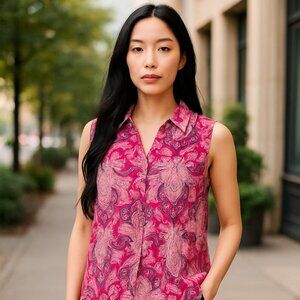 Dana Buchman Women's Pink & Black Paisley Design Sleeveless Blouse Sz XL